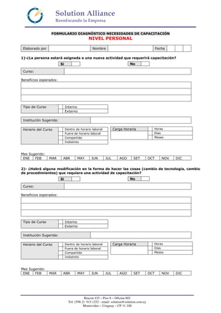 Solution Alliance
Reenfocando la Empresa
Rincon 435 – Piso 8 – Oficina 802
Tel: (598-2) 915.1252 - email: solution@solution.com.uy
Montevideo – Uruguay – CP 11.100
FORMULARIO DIAGNÓSTICO NECESIDADES DE CAPACITACIÓN
NIVEL PERSONAL
Elaborado por Nombre Fecha
1)-¿La persona estará asignada a una nueva actividad que requerirá capacitación?
Curso:
Beneficios esperados:
Institución Sugerida:
Mes Sugerido:
ENE FEB MAR ABR MAY JUN JUL AGO SET OCT NOV DIC
2)- ¿Habrá alguna modificación en la forma de hacer las cosas (cambio de tecnología, cambio
de procedimientos) que requiera una actividad de capacitación?
Curso:
Beneficios esperados:
Institución Sugerida:
Mes Sugerido:
ENE FEB MAR ABR MAY JUN JUL AGO SET OCT NOV DIC
Si No
InternoTipo de Curso
Externo
Carga Horaria Horas
Días
Meses
Dentro de horario laboral
Fuera de horario laboral
Compartido
Horario del Curso
Indistinto
Si No
InternoTipo de Curso
Externo
Carga Horaria Horas
Días
Meses
Dentro de horario laboral
Fuera de horario laboral
Compartido
Horario del Curso
Indistinto
 