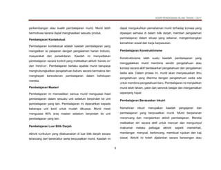 KSSR PENDIDIKAN ISLAM TAHUN 1 2017
9
perkembangan atau kualiti pembelajaran murid. Murid lebih
bermotivasi kerana dapat menghasilkan sesuatu produk.
Pembelajaran Kontekstual
Pembelajaran kontekstual adalah kaedah pembelajaran yang
mengaitkan isi pelajaran dengan pengalaman harian individu,
masyarakat dan persekitaran. Kaedah ini menyediakan
pembelajaran secara konkrit yang melibatkan aktiviti ‘hands on’
dan ‘mind-on’. Pembelajaran berlaku apabila murid berupaya
menghubungkaitkan pengetahuan baharu secara bermakna dan
menghayati kerevelenan pembelajaran dalam kehidupan
mereka.
Pembelajaran Masteri
Pembelajaran ini memastikan semua murid menguasai hasil
pembelajaran dalam sesuatu unit sebelum berpindah ke unit
pembelajaran yang lain. Pembelajaran ini dipecahkan kepada
beberapa unit kecil untuk mudah dikuasai. Murid mesti
menguasai 80% aras masteri sebelum berpindah ke unit
pembelajaran yang lain.
Pembelajaran Luar Bilik Darjah
Aktiviti kurikulum yang dilaksanakan di luar bilik darjah secara
terancang dan berstruktur serta berpusatkan murid. Kaedah ini
dapat mengukuhkan pemahaman murid terhadap konsep yang
dipelajari semasa di dalam bilik darjah, memberi pengalaman
pembelajaran dalam situasi yang sebenar, mengembangkan
kemahiran sosial dan kerja berpasukan.
Pembelajaran Konstruktivisme
Konstruktivisme ialah suatu kaedah pembelajaran yang
menggalakkan murid membina sendiri pengetahuan atau
konsep secara aktif berdasarkan pengetahuan dan pengalaman
sedia ada. Dalam proses ini, murid akan menyesuaikan ilmu
pengetahuan yang diterima dengan pengetahuan sedia ada
untuk membina pengetahuan baru. Pembelajaran ini menjadikan
murid lebih faham, yakin dan seronok belajar dan mengamalkan
sepanjang hayat.
Pembelajaran Berasaskan Inkuiri
Kemahiran inkuiri merupakan kaedah pengajaran dan
pembelajaran yang berpusatkan murid. Murid berperanan
merancang dan menjalankan aktivit pembelajaran. Mereka
melibatkan diri secara aktif untuk mencari dan mengumpul
maklumat melalui pelbagai aktiviti seperti memerhati,
mendengar, menyoal, berbincang, membuat rujukan dan kaji
siasat. Aktiviti ini boleh dijalankan secara berasingan atau
 