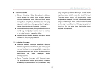 KSSR PENDIDIKAN ISLAM TAHUN 1 2017
13
9. Kelestarian Global
• Elemen Kelestarian Global bermatlamat melahirkan
murid berdaya fikir lestari yang bersikap responsif
terhadap persekitaran dalam kehidupan harian dengan
mengaplikasi pengetahuan, kemahiran dan nilai yang
diperolehi melalui elemen Penggunaan dan Pengeluaran
Lestari, Kewarganegaraan Global dan Perpaduan.
• Elemen Kelestarian Global penting dalam menyediakan
murid bagi menghadapi cabaran dan isu semasa
di peringkat tempatan, negara dan global.
• Elemen ini diajar secara langsung dan secara sisipan
dalam mata pelajaran yang berkaitan.
10. Pendidikan Kewangan
• Penerapan elemen Pendidikan Kewangan bertujuan
membentuk generasi masa hadapan yang berkeupayaan
membuat keputusan kewangan yang bijak, mengamalkan
pengurusan kewangan yang beretika serta berkemahiran
menguruskan hal ehwal kewangan secara
bertanggungjawab.
• Elemen Pendidikan Kewangan boleh diterapkan dalam
PdP secara langsung ataupun secara sisipan. Penerapan
secara langsung adalah melalui tajuk-tajuk seperti Wang
yang mengandungi elemen kewangan secara eksplisit
seperti pengiraan faedah mudah dan faedah kompoun.
Penerapan secara sisipan pula diintegrasikan melalui
tajuk-tajuk lain merentas kurikulum. Pendedahan kepada
pengurusan kewangan dalam kehidupan sebenar adalah
penting bagi menyediakan murid dengan pengetahuan,
kemahiran dan nilai yang dapat diaplikasikan secara
berkesan dan bermakna.
 