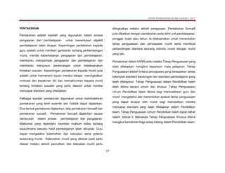 KSSR PENDIDIKAN ISLAM TAHUN 1 2017
14
PENTAKSIRAN
Pentaksiran adalah kaedah yang digunakan dalam proses
pengajaran dan pembelajaran untuk menentukan objektif
pembelajaran telah dicapai. Kepentingan pentaksiran kepada
guru adalah untuk memberi gambaran tentang perkembangan
murid, menilai keberkesanan pengajaran dan pembelajaran,
membantu memperbaiki pengajaran dan pembelajaran dan
membantu menyusun perancangan untuk melaksanakan
tindakan susulan. Kepentingan pentaksiran kepada murid pula
adalah untuk memahami tujuan mereka belajar, meningkatkan
motivasi dan keyakinan diri dan memaklumkan kepada murid
tentang tindakan susulan yang perlu diambil untuk mereka
mencapai standard yang ditetapkan.
Pelbagai kaedah pentaksiran digunakan untuk membolehkan
pentaksiran yang lebih autentik dan holistik dapat dijalankan.
Dua bentuk pentaksiran dijalankan, iaitu pentaksiran formatif dan
pentaksiran sumatif. Pentaksiran formatif dijalankan secara
berterusan dalam proses pembelajaran dan pengajaran.
Maklumat yang diperolehi memberi maklum balas tentang
sejauhmana sesuatu hasil pembelajaran telah dikuasai. Guru
dapat mengetahui kelemahan dan kekuatan serta potensi
seseorang murid. Kelemahan murid yang dikenal pasti perlu
diatasi melalui aktiviti pemulihan dan kekuatan murid perlu
ditingkatkan melalui aktiviti pengayaan. Pentaksiran Sumatif
pula dikaitkan dengan pentaksiran pada akhir unit pembelajaran,
penggal, bulan atau tahun. Ia dilaksanakan untuk menentukan
tahap penguasaan dan pencapaian murid serta membuat
perbandingan diantara seorang individu murid dengan murid
yang lain.
Pentaksiran dalam KSSR perlu melalui Tahap Penguasaan yang
telah ditetapkan mengikut keperluan mata pelajaran. Tahap
Penguasaan adalah kriteria pencapaian yang berasaskan setiap
kelompok standard kandungan dan standard pembelajaran yang
telah ditetapkan. Tahap Penguasaan dalam Pendidikan Islam
telah dibina secara umum dan khusus. Tahap Penguasaan
Umum Pendidikan Islam dibina bagi memudahkan guru dan
murid mengetahui dan menentukan apakah tahap penguasaan
yang dapat dicapai oleh murid bagi memastikan mereka
mencapai standard yang telah ditetapkan dalam Pendidikan
Islam. Tahap Penguasaan Umum Pendidikan Islam dapat dilihat
dalam Jadual 3. Manakala Tahap Penguasaan Khusus dibina
mengikut kemahiran bagi setiap bidang dalam Pendidikan Islam.
 