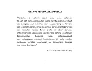 vi
FALSAFAH PENDIDIKAN KEBANGSAAN
“Pendidikan di Malaysia adalah suatu usaha berterusan
ke arah lebih memperkembangkan potensi individu secara menyeluruh
dan bersepadu untuk melahirkan insan yang seimbang dan harmonis
dari segi intelek, rohani, emosi dan jasmani, berdasarkan kepercayaan
dan kepatuhan kepada Tuhan. Usaha ini adalah bertujuan
untuk melahirkan warganegara Malaysia yang berilmu pengetahuan,
berketerampilan, berakhlak mulia, bertanggungjawab
dan berkeupayaan mencapai kesejahteraan diri serta memberi
sumbangan terhadap keharmonian dan kemakmuran keluarga,
masyarakat dan negara.”
Sumber: Akta Pendidikan 1996 (Akta 550)
 