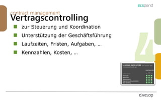 contract management
Vertragscontrolling
zur Steuerung und Koordination
Unterstützung der Geschäftsführung
Laufzeiten, Fristen, Aufgaben, …
Kennzahlen, Kosten, …
 