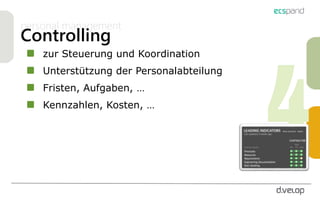 personal management
Controlling
zur Steuerung und Koordination
Unterstützung der Personalabteilung
Fristen, Aufgaben, …
Kennzahlen, Kosten, …
 