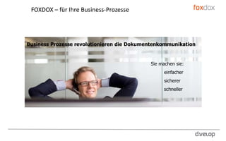Business Prozesse revolutionieren die Dokumentenkommunikation
Sie machen sie:
einfacher
sicherer
schneller
FOXDOX – für Ihre Business-Prozesse
 