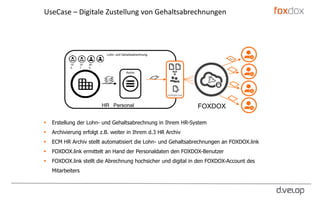 10
0
10
7
20
5
…
HR Personal
Lohn- und Gehaltsabrechnung
Archiv
FOXDOX
 Erstellung der Lohn- und Gehaltsabrechnung in Ihrem HR-System
 Archivierung erfolgt z.B. weiter in Ihrem d.3 HR Archiv
 ECM HR Archiv stellt automatisiert die Lohn- und Gehaltsabrechnungen an FOXDOX.link
 FOXDOX.link ermittelt an Hand der Personaldaten den FOXDOX-Benutzer
 FOXDOX.link stellt die Abrechnung hochsicher und digital in den FOXDOX-Account des
Mitarbeiters
UseCase – Digitale Zustellung von Gehaltsabrechnungen
 