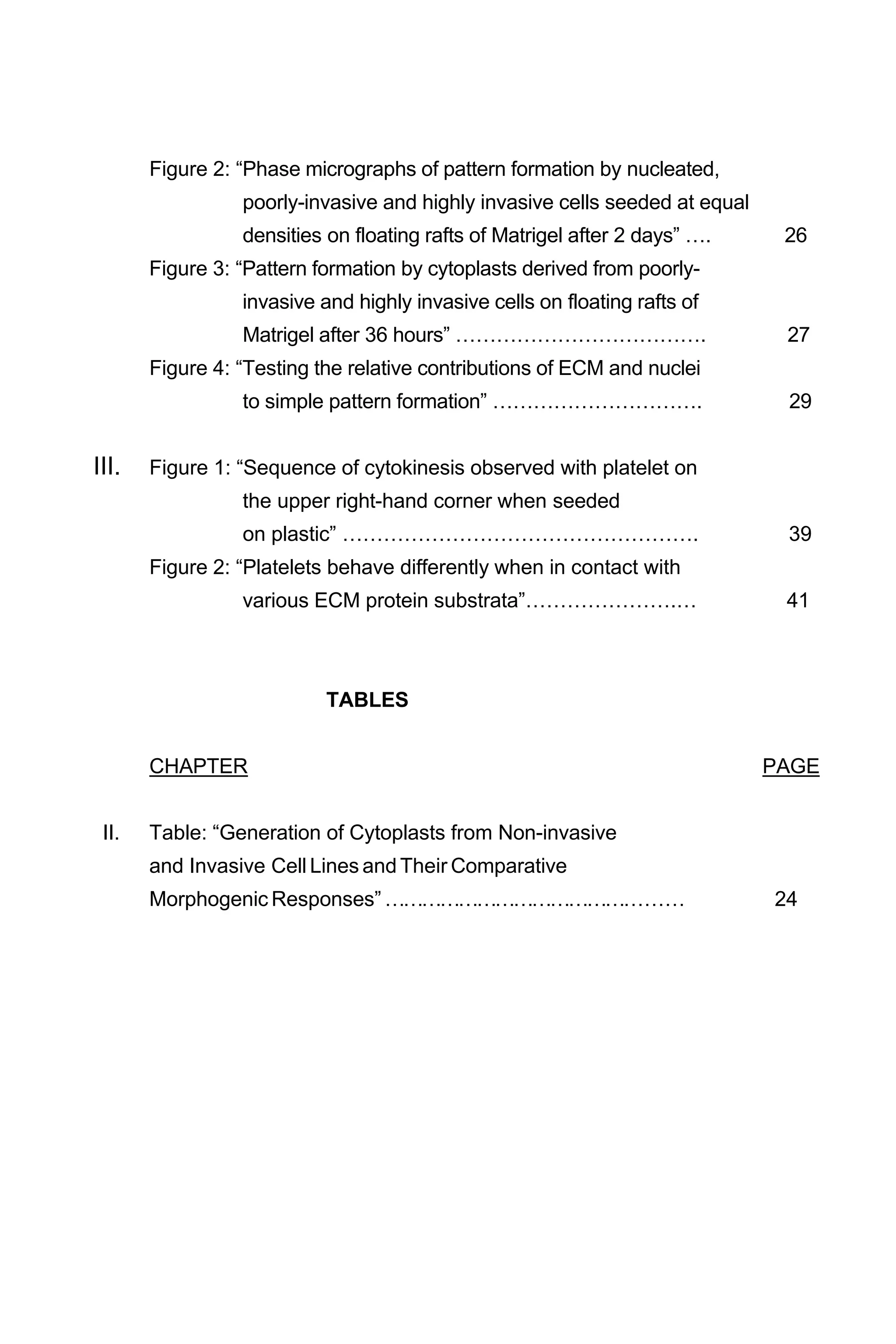 Figure 2: “Phase micrographs of pattern formation by nucleated,
poorly-invasive and highly invasive cells seeded at equal
densities on floating rafts of Matrigel after 2 days” …. 26
Figure 3: “Pattern formation by cytoplasts derived from poorly-
invasive and highly invasive cells on floating rafts of
Matrigel after 36 hours” ………………………………. 27
Figure 4: “Testing the relative contributions of ECM and nuclei
to simple pattern formation” …………………………. 29
III. Figure 1: “Sequence of cytokinesis observed with platelet on
the upper right-hand corner when seeded
on plastic” ……………………………………………. 39
Figure 2: “Platelets behave differently when in contact with
various ECM protein substrata”………………….… 41
TABLES
CHAPTER PAGE
II. Table: “Generation of Cytoplasts from Non-invasive
and Invasive Cell Lines and Their Comparative
Morphogenic Responses” ………………………………………… 24
 