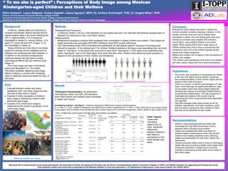 “ To me she is perfect” : Perceptions of Body Image among Mexican
Kindergarten-aged Children and their Mothers
Raha Hosseini1, Lyana Delgado2, Evelyn Zepeda2, Liliana Aguayo2, MPH, Dr. Andiara Schwingel2, PHD, Dr. Angela Wiley3, PHD
Division of Food Science and Human Nutrition, College of ACES
Department of Kinesiology and Community Health, College of Applied Health Sciences
Department of Human Development and Family Studies, College of ACES, University of Illinois at Urbana-Champaign
We would like to extend thanks to the study participants, the University of Illinois, the Aging and Diversity Lab, the Illinois Transdisciplinary Obesity Prevention Program (I-TOPP), and McNair Scholars for supporting and funding this study.
"This material is based upon work that is supported by the National Institute of Food and Agriculture, U.S. Department of Agriculture, under award number 2011-67001-30101."
Aims
1. Evaluate Mexican mother and child’s
satisfaction with own body image and also
with that of their child or mother
2. Examine if child’s perception of mother’s
body image is informed by mother’s self-
perceived body image.
3. Examine if the child’s body image is
influenced by the mother’s perception of the
child’s body image.
Background
In Mexico, obesity rates are continuing to
increase dramatically. Mexico has the second
highest obesity rates in the world, following the
US (1). Approximately 71% of adults are
overweight or obese (2). Among children, 31%
aged 5-11 years old and 33% of aged 12-19
are overweight or obese (2).
Obese children are more likely to be obese
adults and develop chronic diseases such as
diabetes and cardiovascular heart disease (1).
In addition to the physical consequences,
childhood obesity can also lead to severe
psychological effects that can influence body
image (3).
Poor body image can lead to disordered
eating and depression (4). The limited
information available regarding body image
effects in Mexico, a country with increasing
rates of childhood obesity prompted the topic of
this study.
Methods
Participants and Procedure:
• 12 Mexican mother (>18 yrs)- child (between 5-6 yrs) dyads took part in an interview administered questionnaire (in
Spanish) at a preschool in San Luis Potosi, Mexico.
Measurements:
• Bioelectrical impedance analysis (BIA) assessed body composition in fasted mothers and children. Child weight-for-
height percentile was calculated (ANTHRO Software) using WHO growth references.
• The Figure Rating Scale (FRS) evaluated body satisfaction (5) with gender-specific drawings of increasing size
(thinest to heaviest), 10 for mothers and 7 for children. Mothers selected a) the figure most resembling their own body
shape or “real figure,” b) the figure they would like to have (their “ideal figure”); c) the figure most resembling their
child’s “real figure;” and d) the “ideal figure” they would like their child. Children were asked the same questions in
regards to their perceptions of their mothers and themselves.
Conclusion
Although the study sample was small, it reflects the
nutrition transition currently underway in Mexico. In this
sample, we found more than half of children were
overweight or obese. This was striking given that most
mothers and children were satisfied with children’s
current figure, many judging children to be normal
weight. When looking at the child’s “ideal” figure, all
mothers wanted their child to have a normal body size
compared to only 25% of the children (equally spread
across body image categories).
Mothers and children did not agree in their perceptions of
mother body images.
•The children were significantly more likely to be satisfied
with their mother’s figure than the mother’s themselves.
References available upon request
© Copyright 2005 Harris and Bradlyn.
Implications
• The current high prevalence of overweight and obesity
in MX may limit stigma among children, explaining
their misrepresentation of their mother’s figure and the
spread in their ideal child figure.
• There is a concern in mothers’ self perception of “real
figure” which although not significantly different, does
not accurately match their actual weight categories,
indicating the majority of overweight mothers failed to
recognize their weight status. The high prevalence of
overweight and obesity in the country may be
precluding them from recognizing the risks associated
with high BMI.
• High BMI averages make these women at risk for
diabetes, hypertension, and heart conditions, while
also providing a standard for their children to follow
that may not be beneficial for their health.
Considering mothers’ “real figure:” Children’s perceptions differed from mother’s self-perceptions
(Z = -2.582, p < 0.05). Children’s satisfaction also differed from mother’s satisfaction (Z=-2.199, p < 0.05). While all but one mother wished
to lose weight, 50% of children were satisfied with their mothers’ figure (6/12), and 42% thought their mother needed to gain weight (5/12).
Results
Participant Characteristics: All participants
were Mexican native, low SES, and education
level. Most children and mothers were overweight
or obese (see Figure)
Child Figures:
There were
interesting
patterns but no
other significant
differences
between children’s
and mother’s
perceptions in this
small sample (see
table).
Recommendations
• Efforts to raise awareness with the health risks
associated with high BMI should have a family
approach which includes young children.
• Health care professionals need to be aware of
possible weight misperceptions which may prevent
mother’s from seeking treatment and/or following
health recommendations for both their children and
themselves.
• Obesity prevention efforts need to focus on eliminating
health risks and promoting a healthy body image while
limiting the emphasis on weight loss to avoid the
potential of developing mental health issues linked to
poor body image.
 