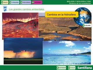 BIOLOGÍA Y GEOLOGÍA 4.º ESO
Dinámica de los ecosistemas
INICIO ESQUEMA RECURSOS INTERNET
Los grandes cambios ambientales
SALIRANTERIOR
Cambios en la hidrosfera
VOLVER
 
