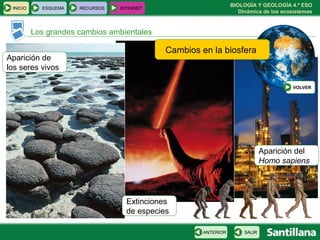 BIOLOGÍA Y GEOLOGÍA 4.º ESO
Dinámica de los ecosistemas
INICIO ESQUEMA RECURSOS INTERNET
Los grandes cambios ambientales
SALIRANTERIOR
Cambios en la biosfera
VOLVER
Aparición de
los seres vivos
Extinciones
de especies
Aparición del
Homo sapiens
 