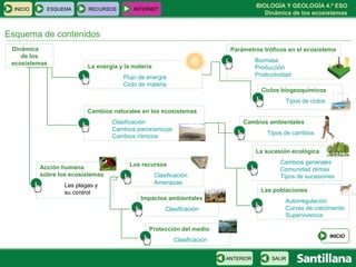 BIOLOGÍA Y GEOLOGÍA 4.º ESO
Dinámica de los ecosistemas
Esquema de contenidos
La energía y la materia
Flujo de energía
Ciclo de materia
INICIO ESQUEMA RECURSOS INTERNET
Cambios naturales en los ecosistemas
Clasificación
Cambios paroxísmicos
Cambios rítmicos
Acción humana
sobre los ecosistemas
Las plagas y
su control
Los recursos
Clasificación
Amenazas
INICIO
SALIRANTERIOR
Dinámica
de los
ecosistemas
Parámetros tróficos en el ecosistema
Biomasa
Producción
Productividad
Ciclos biogeoquímicos
Tipos de ciclos
Impactos ambientales
Clasificación
Protección del medio
Clasificación
Cambios ambientales
Tipos de cambios
La sucesión ecológica
Cambios generales
Comunidad clímax
Tipos de sucesiones
Las poblaciones
Autorregulación
Curvas de crecimiento
Supervivencia
 