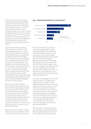 Building a Leading Pricing Capability | Where does your company stack up?
3
Company performance was assessed
by measuring operating profits relative
to other firms within the industry. Thus,
manufacturing firms were compared to
other manufacturing firms, consumer
durables were compared to other
consumer durables, etc. in order to reduce
the likelihood that the results were driven
by industry specific effects. The operating
hypotheses that a value-based pricing
strategy and strong execution capabilities
could be positively correlated with
profitability were supported as shown in
Figure 3.
The firms with the lowest operating
profit were those pursuing non-value
based strategies (e.g., cost or market
share-driven, etc.) while at the same time
exhibiting strong execution capabilities.
We describe these firms as Runaway
Trains because of the obvious analogy to
a train barreling down the tracks in the
wrong direction—the passengers may
not get where they want to go, but they
get there quickly. Interestingly, firms with
non-value based strategies and weak
execution capabilities earned slightly
higher operating profits than the runway
trains. Although these Directionally
Challenged firms lack an effective strategy,
their weak execution capability limits the
ability to make consistently misguided
choices that undercut profits.
Much has been written about the
shortcomings of cost-based and market
share-based pricing strategies. However,
this data is among the first of its kind
to clearly link that choice of strategy to
financial performance. Firms adopting
non-value based strategies earn, on
average, 8% lower operating profits than
their industry peers; a result that was
consistent across all of the industries
included in the study. The case for a value-
based approach to pricing has virtually
never been stronger.
We next focused on the financial impact
of pricing execution capabilities for firms
pursuing a value-based pricing strategy.
The data shows that firms pursuing a
value-based strategy that have weak
execution capabilities have significantly
better financial performance than firms
pursuing non value-based strategies –
even though they perform only marginally
better than the industry average.
Managers within these Well-Intentioned
firms attempt to set value-based prices
but often have to make strategy choices
with poor quality data regarding customer
value or competitive reference prices.
Moreover, their managers were often not
well trained in value-based pricing and
lacked appropriate decision tools to guide
effective pricing decisions.
In contrast, Value Managers pursue value-
based pricing with a strong execution
capability and, as a result, earn 11%
higher operating profits than the industry
average. Follow-up interviews with several
of these firms revealed that managers
invest considerable time to collect data on
customer value and turn that insight into
actionable pricing decisions. Managers
are much more likely to have had formal
training in value-based pricing strategies
and collaborate effectively between
functional areas on pricing issues. In
short, Value Managers not only talk the
talk, they walk the walk.
Although it was not that surprising that
Value Managers earn disproportionately
higher operating profits than their peers,
we had expected the performance gap
Fig. 3 – Operating Proﬁt Relative to Industry Peers
0.8 1.0 1.3
Value Managers (top 25%)
Value Masters (top 5%)
Well-Intentioned
Directionally Challenged
Runaway Trains
Operating Proﬁt
1.0=Industry Average
1.24 X
1.11 X
1.04 X
.93
.91
 