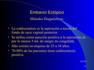 19
Embarzo EctópicoEmbarzo Ectópico
Métodos Diagnósticos:
• La culdocentésis es la aspiración a través del
fondo de saco vaginal posterior.
• Se define como punción positiva a la aspiración de
por lo menos 5 ml. de sangre no coagulada.
• Más común en mujeres de 25 a 34 años
• 70-90% de las pacientes tiene culdocentesis
positiva.
NEFM
 