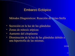 21
Embarzo EctópicoEmbarzo Ectópico
Métodos Diagnósticos: Reacción de Arias-Stella
• Secreción en la luz de las glándulas
• Zonas de mitosis atípicas
• Aumento del citoplasma
• Disminución de la luz de las glándulas debido a
una hipertrofia de las mismas.
NEFM
 