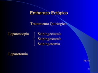 29
Embarazo EctópicoEmbarazo Ectópico
Tratamiento Quirúrgico:
Laparoscopía Salpingectomía
Salpingostomía
Salpingotomía
Laparotomía
NEFM
 