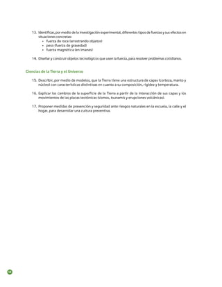 13.	 Identificar, por medio de la investigación experimental, diferentes tipos de fuerzas y sus efectos en
situaciones concretas:
•	 fuerza de roce (arrastrando objetos)
•	 peso (fuerza de gravedad)
•	 fuerza magnética (en imanes)
14.	 Diseñar y construir objetos tecnológicos que usen la fuerza, para resolver problemas cotidianos.

Ciencias de la Tierra y el Universo
15.	 Describir, por medio de modelos, que la Tierra tiene una estructura de capas (corteza, manto y
núcleo) con características distintivas en cuanto a su composición, rigidez y temperatura.
16.	 Explicar los cambios de la superficie de la Tierra a partir de la interacción de sus capas y los
movimientos de las placas tectónicas (sismos, tsunamis y erupciones volcánicas).
17.	 Proponer medidas de prevención y seguridad ante riesgos naturales en la escuela, la calle y el
hogar, para desarrollar una cultura preventiva.

18

 