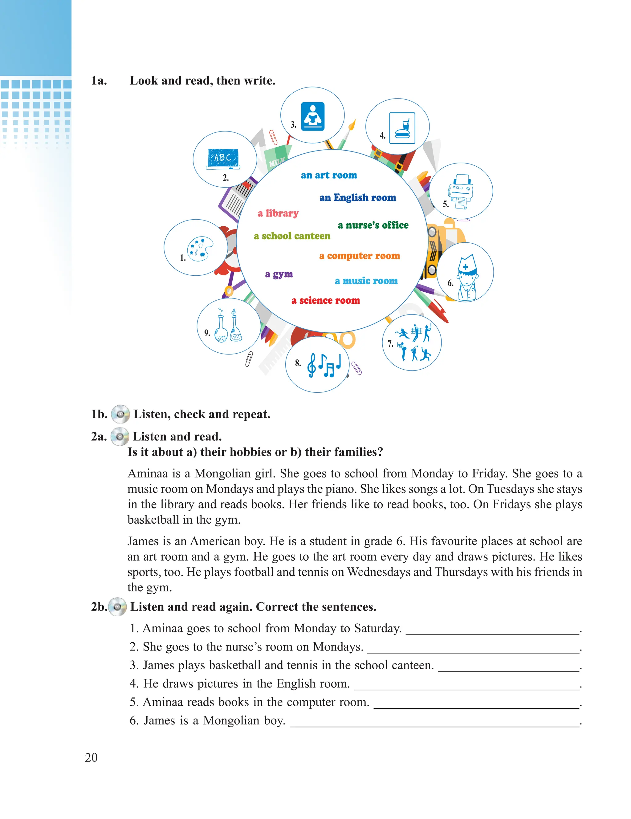20
1a. Look and read, then write.
1b. Listen, check and repeat.
2a. Listen and read.
Is it about a) their hobbies or b) their families?
Aminaa is a Mongolian girl. She goes to school from Monday to Friday. She goes to a
music room on Mondays and plays the piano. She likes songs a lot. On Tuesdays she stays
in the library and reads books. Her friends like to read books, too. On Fridays she plays
basketball in the gym.
James is an American boy. He is a student in grade 6. His favourite places at school are
an art room and a gym. He goes to the art room every day and draws pictures. He likes
sports, too. He plays football and tennis on Wednesdays and Thursdays with his friends in
the gym.
an art room
an English room
a library
a school canteen
a computer room
a nurse’s office
a gym
a science room
a music room
5.
9.
6.
3.
4.
1.
2.
7.
8.
2b. Listen and read again. Correct the sentences.
1. Aminaa goes to school from Monday to Saturday. ___________________________.
2. She goes to the nurse’s room on Mondays. _________________________________.
3. James plays basketball and tennis in the school canteen. ______________________.
4. He draws pictures in the English room. ___________________________________.
5. Aminaa reads books in the computer room. ________________________________.
6. James is a Mongolian boy. _____________________________________________.
 