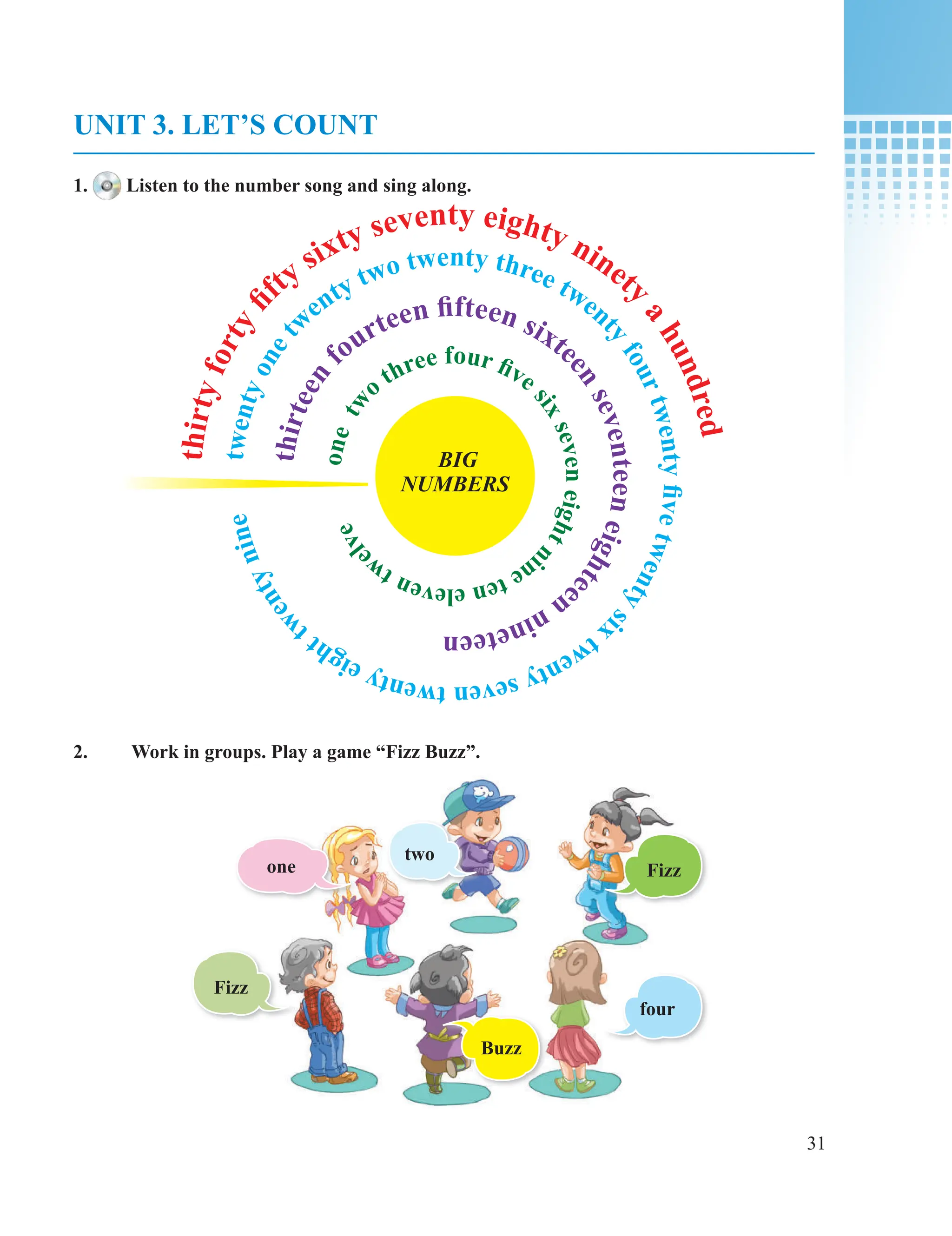 31
UNIT 3. LET’S COUNT
1. Listen to the number song and sing along.
2. Work in groups. Play a game “Fizz Buzz”.
t
h
i
r
t
e
e
n
fourteen ffteen sixte
e
n
s
e
v
e
n
t
e
e
n
e
i
g
h
t
e
e
n
n
i
n
e
t
e
e
n
o
n
e
t
w
o three four fve
s
i
x
s
e
v
e
n
e
i
g
h
t
n
i
n
e
t
e
n
e
l
e
v
e
n
t
w
e
l
v
e
BIG
NUMBERS
t
w
e
n
t
y
o
n
e
t
wenty two twenty three twen
t
y
f
o
u
r
t
w
e
n
t
y
f
v
e
t
w
e
n
t
y
s
i
x
t
w
e
n
t
y
s
e
v
e
n
t
w
e
n
t
y
e
i
g
h
t
t
w
e
n
t
y
n
i
n
e
t
h
i
r
t
y
f
o
r
t
y
f
fty sixty seventy eighty ninet
y
a
h
u
n
d
r
e
d
one
two
Fizz
Fizz
four
Buzz
 