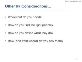 © Norm Tasevski & Karim Harji




Other HR Considerations…

• Who/what do you need?

• How do you find the right people?

...