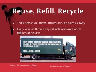 Reuse, Reﬁll, Recycle
   •    Think before you throw. There’s no such place as away.

   •    Every year we throw away valuable resources worth
        millions of dollars!




Design 200: Introduction to Design
                                     The Department of Design
 
