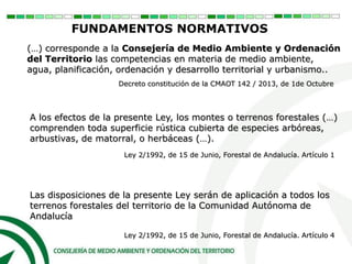 (…) corresponde a la Consejería de Medio Ambiente y Ordenación
del Territorio las competencias en materia de medio ambiente,
agua, planificación, ordenación y desarrollo territorial y urbanismo..
Decreto constitución de la CMAOT 142 / 2013, de 1de Octubre
Ley 2/1992, de 15 de Junio, Forestal de Andalucía. Artículo 4
Las disposiciones de la presente Ley serán de aplicación a todos los
terrenos forestales del territorio de la Comunidad Autónoma de
Andalucía
A los efectos de la presente Ley, los montes o terrenos forestales (…)
comprenden toda superficie rústica cubierta de especies arbóreas,
arbustivas, de matorral, o herbáceas (…).
Ley 2/1992, de 15 de Junio, Forestal de Andalucía. Artículo 1
FUNDAMENTOS NORMATIVOS
 
