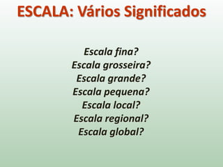 ESCALA: Vários Significados
Escala fina?
Escala grosseira?
Escala grande?
Escala pequena?
Escala local?
Escala regional?
Escala global?
 