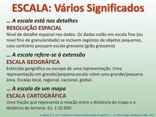 ESCALA: Vários Significados
… A escala está nos detalhes
RESOLUÇÃO ESPACIAL
Nível de detalhe espacial nos dados. Os dados estão em escala fina (ou
nível fino de granularidade) se incluem registros de objetos pequenos,
caso contrário possuem escala grosseira (grão grosseiro)
… A escala refere-se à extensão
ESCALA GEOGRÁFICA
Extensão geográfica ou escopo de uma representação. Uma
representação em grande/pequena escala cobre uma grande/pequena
área. Escalas local, regional, nacional, global.
… A escala de um mapa
ESCALA CARTOGRÁFICA
Uma fração que representa a relação entre a distância do mapa e a
distância do terreno. Ex: 1:10.000
Longley, P. A. et al. Sistemas e Ciência da Informação Geográfica. 3. ed. Porto Alegre: Bookman. 540p. 2013
 