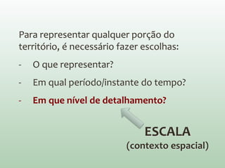 Para representar qualquer porção do
território, é necessário fazer escolhas:
- O que representar?
- Em qual período/instante do tempo?
- Em que nível de detalhamento?
ESCALA
(contexto espacial)
 