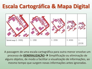 A passagem de uma escala cartográfica para outra menor envolve um
processo de GENERALIZAÇÃO  Simplificação ou eliminação de
alguns objetos, de modo a facilitar a visualização de informações, ao
mesmo tempo que surgem novas informações antes ignoradas.
Escala Cartográfica & Mapa Digital
 
