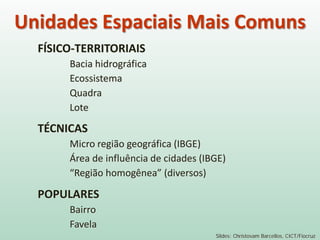 FÍSICO-TERRITORIAIS
Bacia hidrográfica
Ecossistema
Quadra
Lote
TÉCNICAS
Micro região geográfica (IBGE)
Área de influência de cidades (IBGE)
“Região homogênea” (diversos)
POPULARES
Bairro
Favela
Slides: Christovam Barcellos, CICT/Fiocruz
Unidades Espaciais Mais Comuns
 