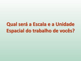 Qual será a Escala e a Unidade
Espacial do trabalho de vocês?
 
