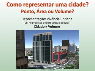 Como representar uma cidade?
Ponto, Área ou Volume?
Representação: Vivência Cotiana
(útil no processo de participação popular)
Cidade = Volume
Fonte: Cidade 3D
 