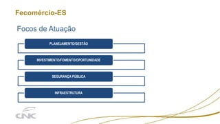Fecomércio-ES
Focos de Atuação
PLANEJAMENTO/GESTÃO
INVESTIMENTO/FOMENTO/OPORTUNIDADE
SEGURANÇA PÚBLICA
INFRAESTRUTURA
 