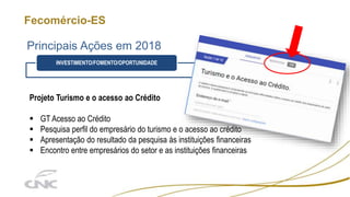 Fecomércio-ES
Principais Ações em 2018
INVSTIMENTO/FOMENTO/OPORTUNIDADEINVESTIMENTO/FOMENTO/OPORTUNIDADE
Projeto Turismo e o acesso ao Crédito
 GT Acesso ao Crédito
 Pesquisa perfil do empresário do turismo e o acesso ao crédito
 Apresentação do resultado da pesquisa às instituições financeiras
 Encontro entre empresários do setor e as instituições financeiras
 