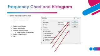 • Select the Data Analysis Tool
• Data tab > Analysis panel
• Choose Histogram tool
• OK
• Select Input Range
• Select Bin Range
• Choose Output Range
• Select a cell on the worksheet
• Select ‘Chart Output’
• OK
x
 
