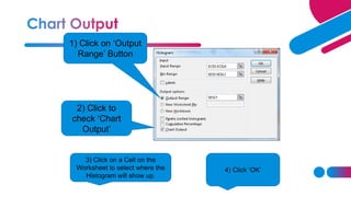 1) Click on ‘Output
Range’ Button
2) Click to
check ‘Chart
Output’
3) Click on a Cell on the
Worksheet to select where the
Histogram will show up.
4) Click ‘OK’
 