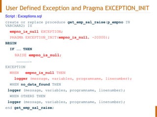 User Defined Exception and Pragma EXCEPTION_INIT
Script : Exceptions.sql
create or replace procedure get_emp_sal_raise(p_empno IN
VARCHAR2) IS
empno_is_null EXCEPTION;
PRAGMA EXCEPTION_INIT(empno_is_null, -20000);
BEGIN
IF …… THEN
RAISE empno_is_null;
……………….
EXCEPTION
WHEN empno_is_null THEN
logger (message, variables, programname, linenumber);
WHEN no_data_found THEN
logger (message, variables, programname, linenumber);
WHEN OTHERS THEN
logger (message, variables, programname, linenumber);
end get_emp_sal_raise;
 