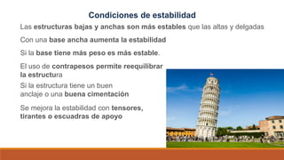 Condiciones de estabilidad
Las estructuras bajas y anchas son más estables que las altas y delgadas
Con una base ancha aumenta la estabilidad
Si la base tiene más peso es más estable.
El uso de contrapesos permite reequilibrar
la estructura
Si la estructura tiene un buen
anclaje o una buena cimentación
Se mejora la estabilidad con tensores,
tirantes o escuadras de apoyo
 