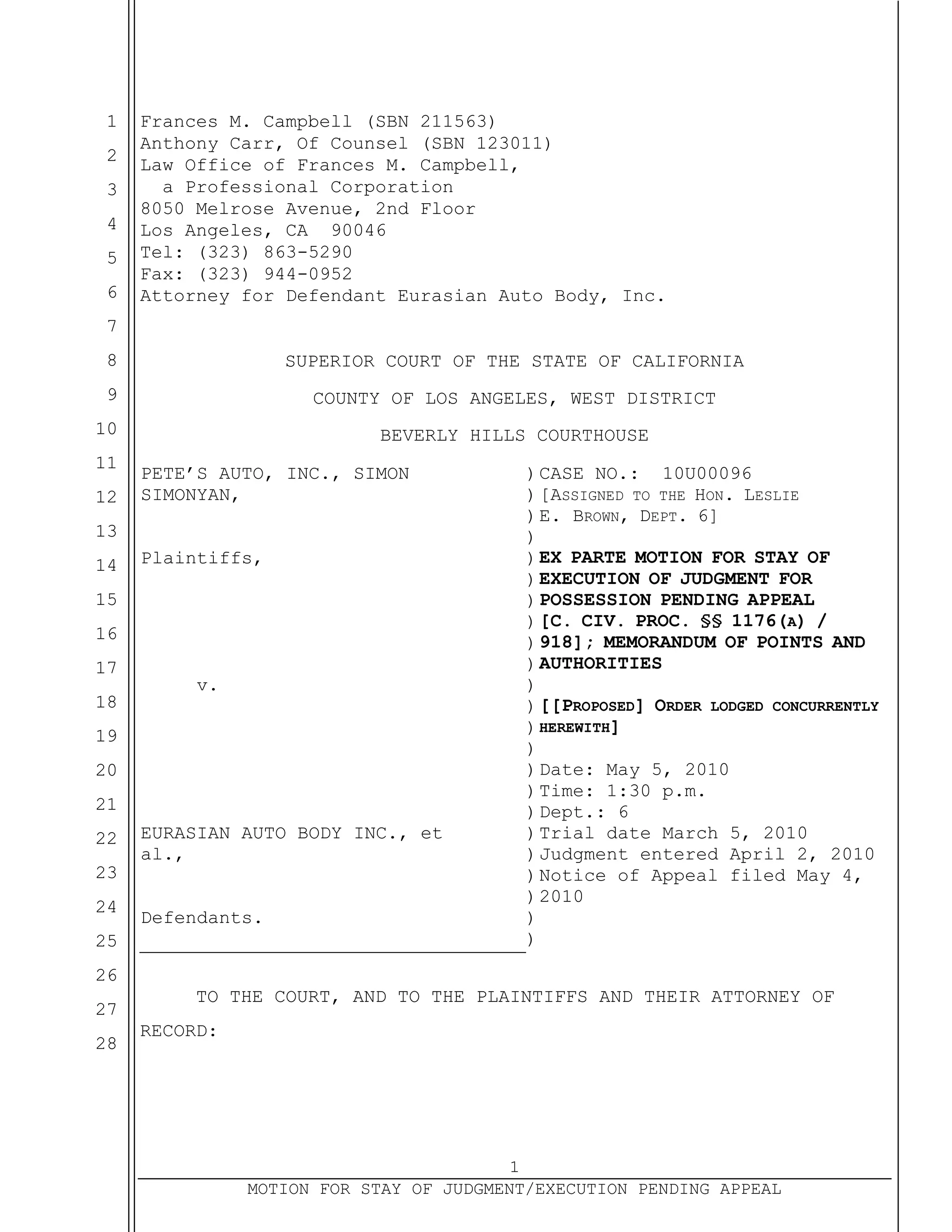 notice of motion for ex parte application - case no: ... 06+ex+parte+app+to+stay+judgment | DOC