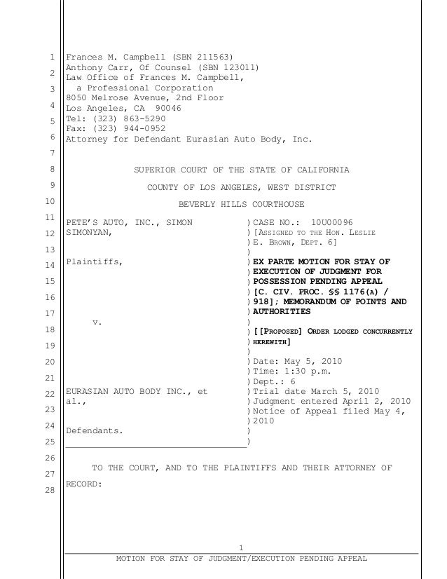 stay judgment parte motion ex execution appeal pending slideshare