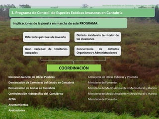 Baccharis halimifolia en Cantabria – Experiencias realizadas-


  3. Programa de Control de Especies Exóticas Invasoras en Cantabria

   Implicaciones de la puesta en marcha de este PROGRAMA:


                                                    Distinta incidencia territorial de
               Diferentes patrones de invasión
                                                    las invasiones


               Gran variedad de territorios         Concurrencia   de     distintos
               ocupados                             Organismos y Administraciones




                                        COORDINACIÓN
Dirección General de Obras Públicas                          Consejería de Obras Públicas y Vivienda
Demarcación de Carreteras del Estado en Cantabria            Ministerio de Fomento
Demarcación de Costas en Cantabria                           Ministerio de Medio Ambiente y Medio Rural y Marino
Confederación Hidrográfica del Cantábrico                    Ministerio de Medio Ambiente y Medio Rural y Marino
AENA                                                         Ministerio de Fomento
Ayuntamientos
Asociaciones
 