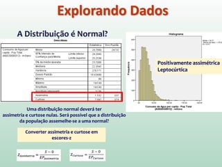 Explorando Dados
Positivamente assimétrica
Leptocúrtica
A Distribuição é Normal?
Converter assimetria e curtose em
escores-z
Uma distribuição normal deverá ter
assimetria e curtose nulas. Será possível que a distribuição
da população assemelhe-se a uma normal?
 