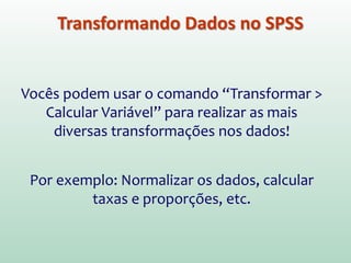 Transformando Dados no SPSS
Vocês podem usar o comando “Transformar >
Calcular Variável” para realizar as mais
diversas transformações nos dados!
Por exemplo: Normalizar os dados, calcular
taxas e proporções, etc.
 