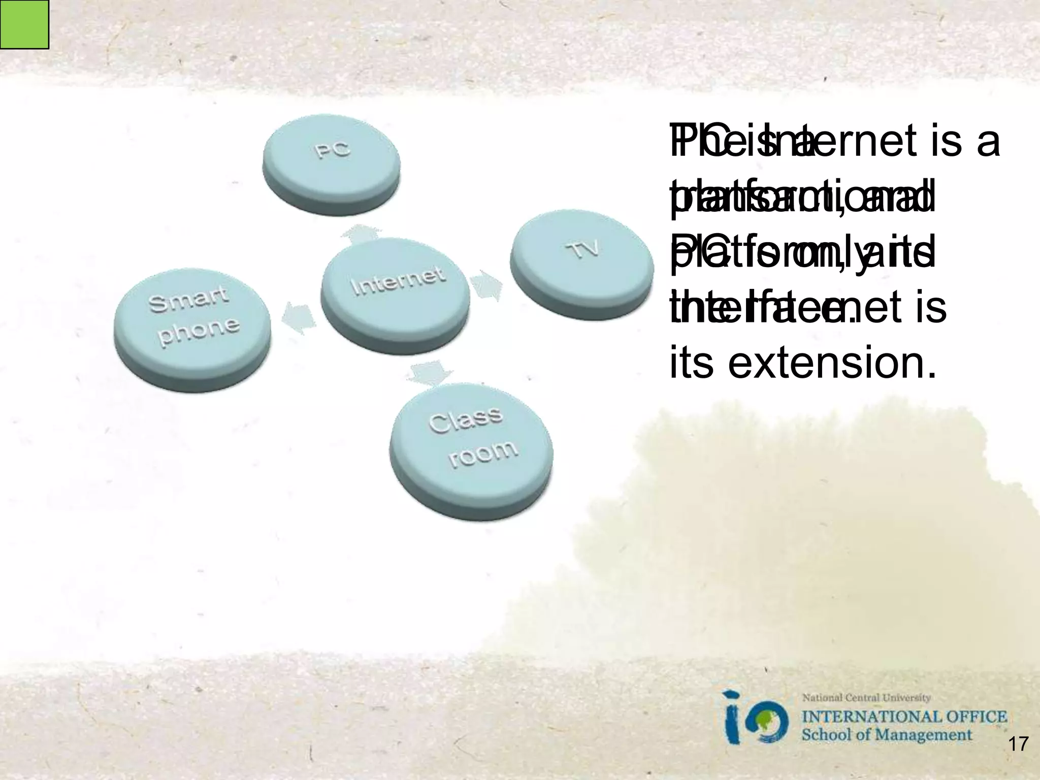 PC is a transactional platform, and the Internet is its extension. The Internet is a platform, and PC is only its interface.17