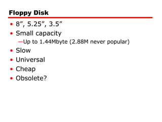 Floppy Disk 8”, 5.25”, 3.5” Small capacity Up to 1.44Mbyte (2.88M never popular) Slow Universal Cheap Obsolete? 