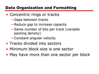 Data Organization and Formatting Concentric rings or tracks Gaps between tracks Reduce gap to increase capacity Same number of bits per track (variable packing density) Constant angular velocity Tracks divided into sectors Minimum block size is one sector May have more than one sector per block 