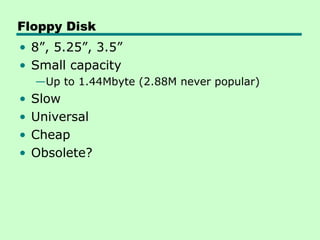 Floppy Disk
• 8”, 5.25”, 3.5”
• Small capacity
    —Up to 1.44Mbyte (2.88M never popular)
•   Slow
•   Universal
•   Cheap
•   Obsolete?
 