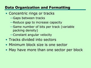 Data Organization and Formatting
• Concentric rings or tracks
  —Gaps between tracks
  —Reduce gap to increase capacity
  —Same number of bits per track (variable
   packing density)
  —Constant angular velocity
• Tracks divided into sectors
• Minimum block size is one sector
• May have more than one sector per block
 