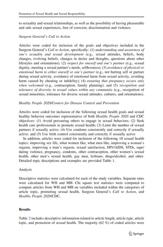 to sexuality and sexual relationships, as well as the possibility of having pleasurable
and safe sexual experiences, free of coercion, discrimination and violence.
Surgeon General’s Call to Action
Articles were coded for inclusion of the goals and objectives included in the
Surgeon General’s Call to Action, speciﬁcally: (1) understanding and awareness of
one’s sexuality and sexual development (e.g., sexual attitudes, beliefs, body
changes, evolving beliefs, changes in desire and thoughts, questions about other
lifestyles and orientations); (2) respect for oneself and one’s partner (e.g., sexual
dignity, meeting a sexual partner’s needs, selﬂessness); (3) avoidance of physical or
emotional harm to either oneself or one’s partner (e.g., not hurting self or partner
during sexual activity, avoidance of emotional harm from sexual activity, avoiding
harm caused by cheating or inﬁdelity); (4) ensuring that pregnancy occurs only
when welcomed (e.g., contraception, family planning); and (5) recognition and
tolerance of diversity in sexual values within any community (e.g., recognition of
sexual minorities, tolerance for diverse sexual attitudes, cultures, and orientations).
Healthy People 2020/Centers for Disease Control and Prevention
Articles were coded for inclusion of the following sexual health goals and sexual
healthy behavior outcomes representative of both Healthy People 2020 and CDC
objectives: (1) Avoid pressuring others to engage in sexual behaviors; (2) Seek
health care professionals to promote sexual health; (3) Limit the number of sexual
partners if sexually active; (4) Use condoms consistently and correctly if sexually
active; and (5) Use birth control consistently and correctly if sexually active
In addition, articles were coded for inclusion of the following 18 sexual health
topics: improving sex life, what women like, what men like, improving a woman’s
orgasm, improving a man’s orgasm, sexual satisfaction, HIV/AIDS, STDs, rape/
dating violence, pregnancy, condoms, other contraception, other women’s sexual
health, other men’s sexual health, gay men, lesbians, drugs/alcohol, and other.
Detailed topic descriptions and examples are provided Table 1.
Analysis
Descriptive statistics were calculated for each of the study variables. Separate rates
were calculated for WH and MH. Chi square test statistics were computed to
compare articles from WH and MH on variables included within the categories of
article topic, promoting sexual health, Surgeon General’s Call to Action, and
Healthy People 2020/CDC.
Results
Table 2 includes descriptive information related to article length, article type, article
topic, and promotion of sexual health. The majority (62 %) of coded articles were
Promotion of Sexual Health and Sexual Responsibility
123
 