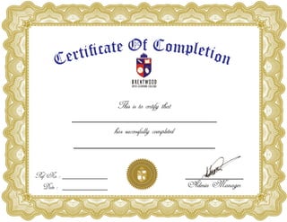 This is to certify that
_________________________
has successfully completed
______________________
f CO oe mt plac etﬁi itr oe nC
n Lee ap rnO ind
g
oo
C
w
o
t
l
n
le
e
g
r
e
B
__________
Admin Manager
Ref No : __________
Date :___________
Akinola Oluwadamilare
hotel MANAGEMENT COURSE (LEVEL 1)
2016/05/10028
12/05/2016
 
