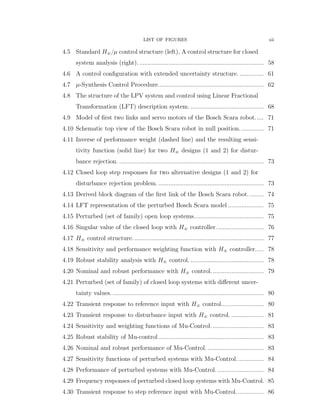 LIST OF FIGURES xii
4.5 Standard H8{µ control structure (left), A control structure for closed
system analysis (right). ......................................................................... 58
4.6 A control conﬁguration with extended uncertainty structure. .............. 61
4.7 µ-Synthesis Control Procedure.............................................................. 62
4.8 The structure of the LPV system and control using Linear Fractional
Transformation (LFT) description system. ........................................... 68
4.9 Model of ﬁrst two links and servo motors of the Bosch Scara robot..... 71
4.10 Schematic top view of the Bosch Scara robot in null position. ............. 71
4.11 Inverse of performance weight (dashed line) and the resulting sensi-
tivity function (solid line) for two H8 designs (1 and 2) for distur-
bance rejection. ..................................................................................... 73
4.12 Closed loop step responses for two alternative designs (1 and 2) for
disturbance rejection problem. .............................................................. 73
4.13 Derived block diagram of the ﬁrst link of the Bosch Scara robot. ........ 74
4.14 LFT representation of the perturbed Bosch Scara model ..................... 75
4.15 Perturbed (set of family) open loop systems......................................... 75
4.16 Singular value of the closed loop with H8 controller............................ 76
4.17 H8 control structure............................................................................. 77
4.18 Sensitivity and performance weighting function with H8 controller..... 78
4.19 Robust stability analysis with H8 control. ........................................... 78
4.20 Nominal and robust performance with H8 control............................... 79
4.21 Perturbed (set of family) of closed loop systems with diﬀerent uncer-
tainty values.......................................................................................... 80
4.22 Transient response to reference input with H8 control......................... 80
4.23 Transient response to disturbance input with H8 control. ................... 81
4.24 Sensitivity and weighting functions of Mu-Control............................... 83
4.25 Robust stability of Mu-control.............................................................. 83
4.26 Nominal and robust performance of Mu-Control. ................................. 83
4.27 Sensitivity functions of perturbed systems with Mu-Control................ 84
4.28 Performance of perturbed systems with Mu-Control. ........................... 84
4.29 Frequency responses of perturbed closed loop systems with Mu-Control. 85
4.30 Transient response to step reference input with Mu-Control. ............... 86
 